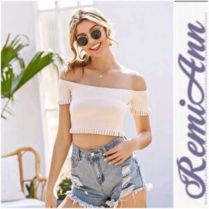 Off Shoulder Frill Trim Knit Top